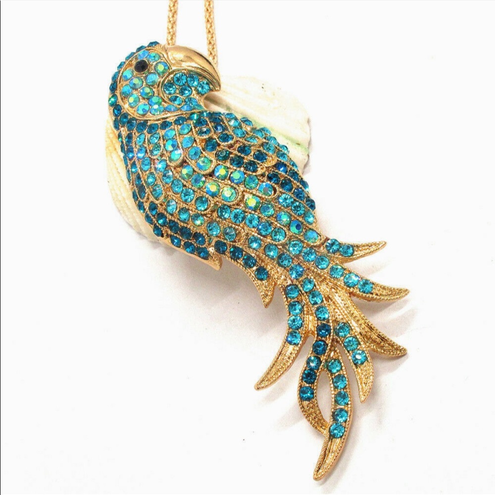 NEW•Multi Blue crystal parrot long necklace